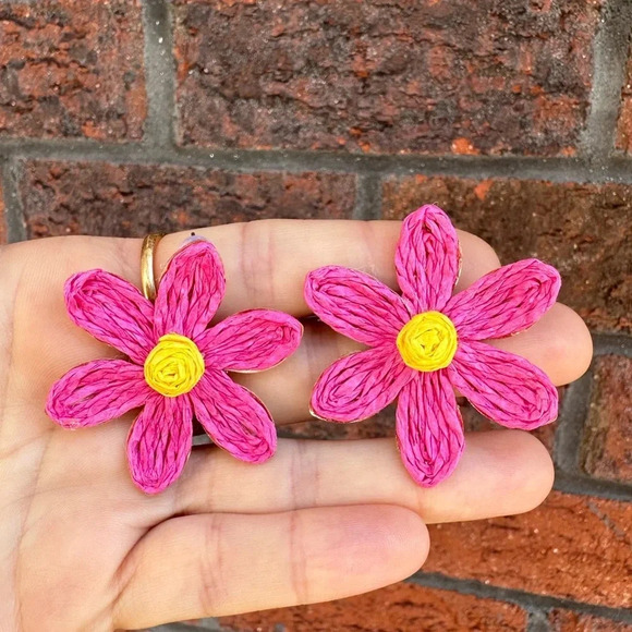 Lalita Pinkish Sky Boho Raffia Flower Earrings - Picture 8 of 9